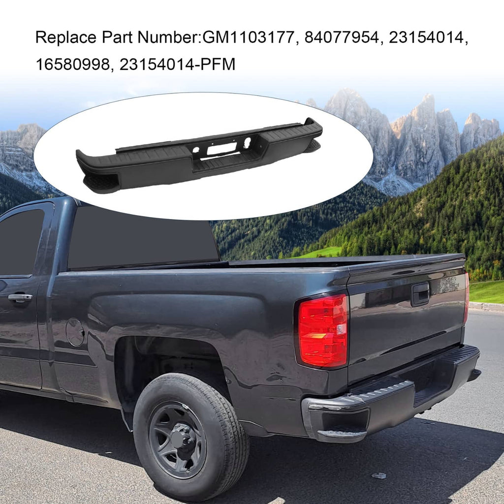 Black rear step bumper with rectangular license opening and textured step surface