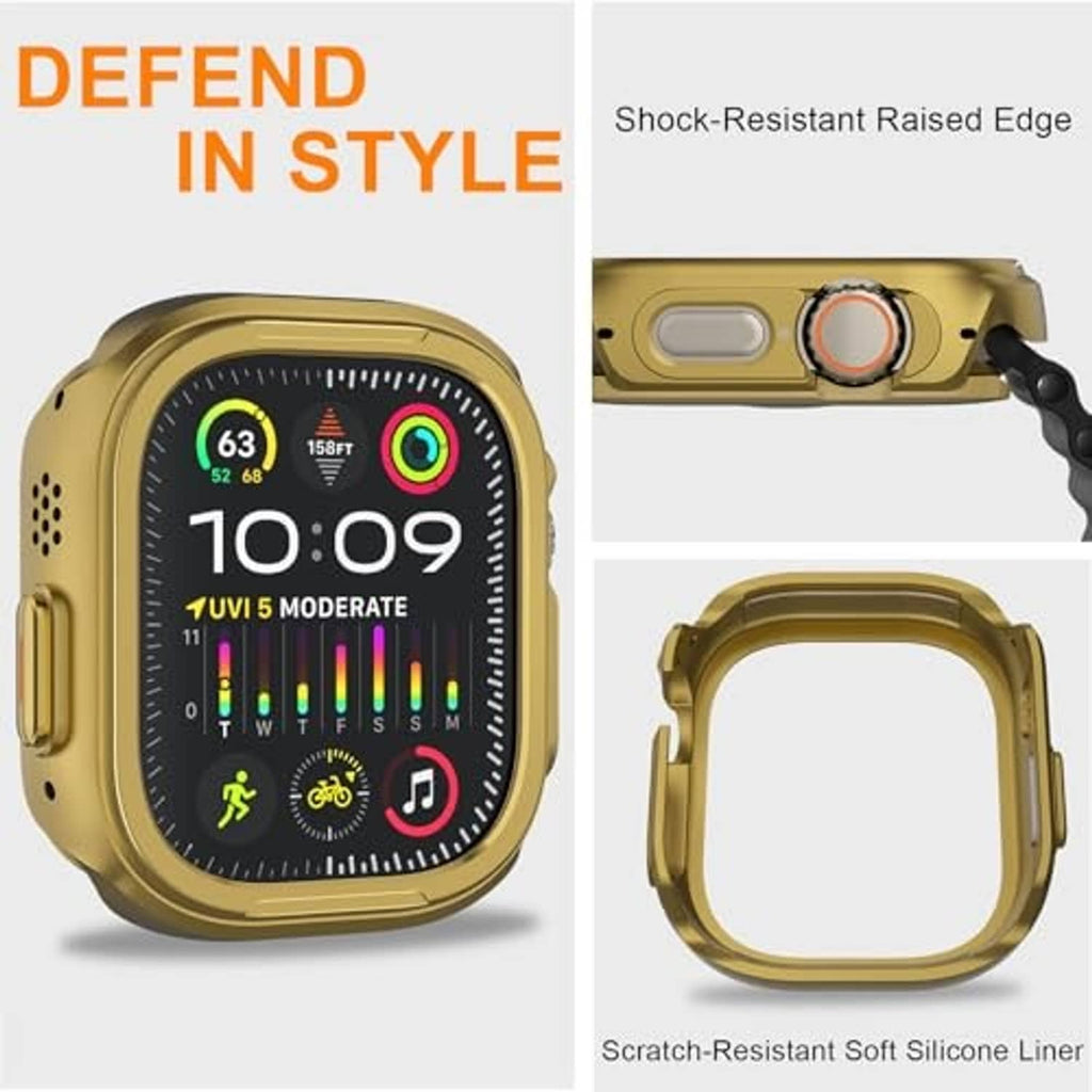Gold shockproof metal case with black silicone strap for Apple Watch Ultra 49mm.