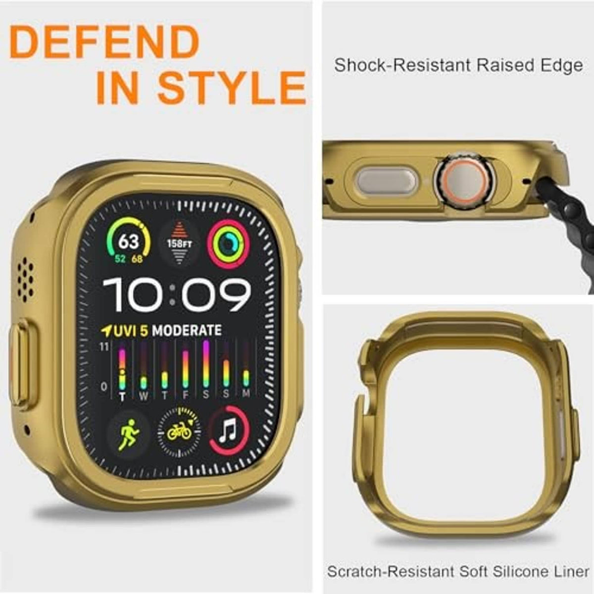 Gold shockproof metal case with black silicone strap for Apple Watch Ultra 49mm.