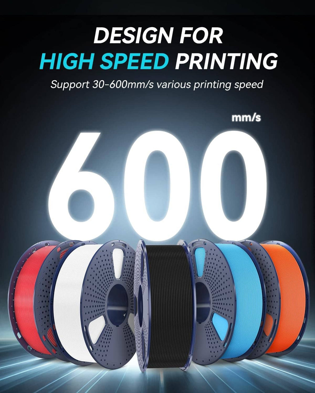 Assorted PETG filament spools on gray reels, including blue and black