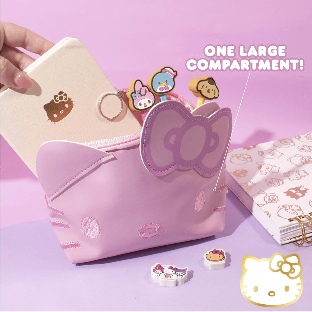 Pink Hello Kitty mini pouch with cat-ear applique and single front compartment