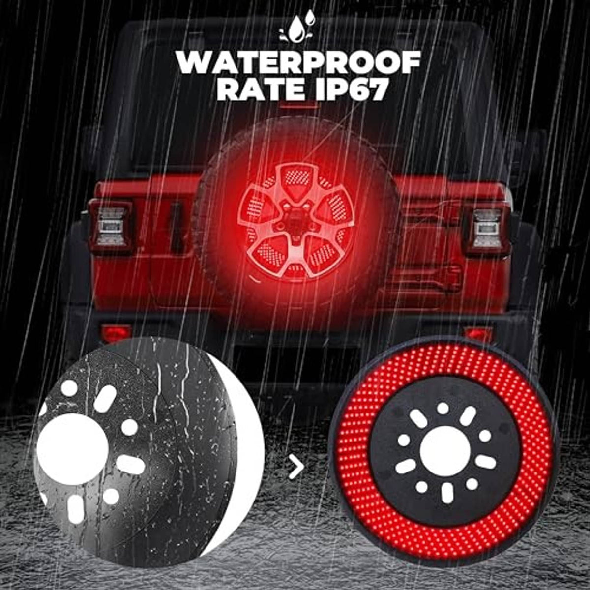Red LED spare-tire brake light with raindrop effect over black base.