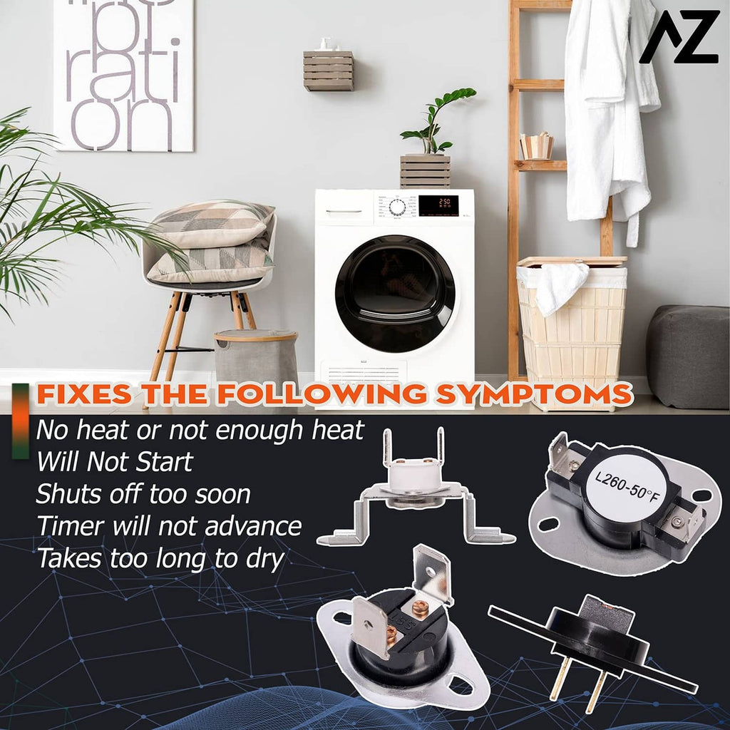 Dryer thermostat and thermal fuse components with mounting plates and electrical pins