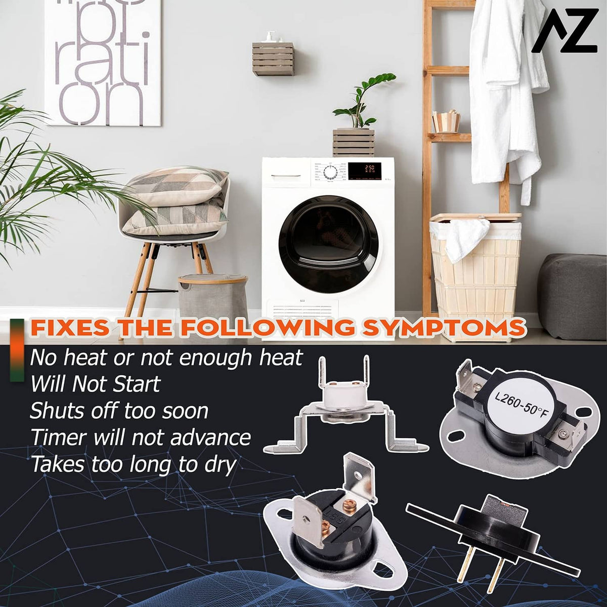 Dryer thermostat and thermal fuse components with mounting plates and electrical pins