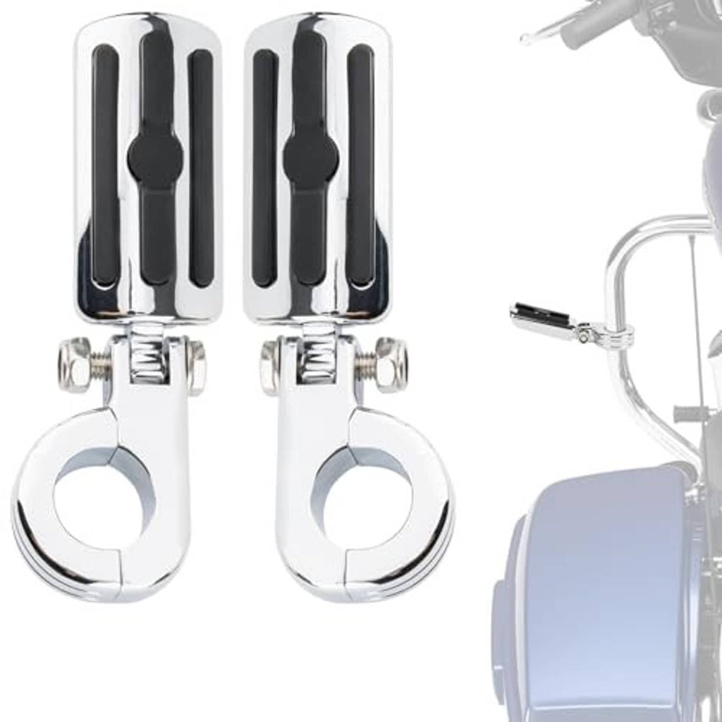 Foldable motorcycle highway foot pegs with black rubber inserts and chrome clamps