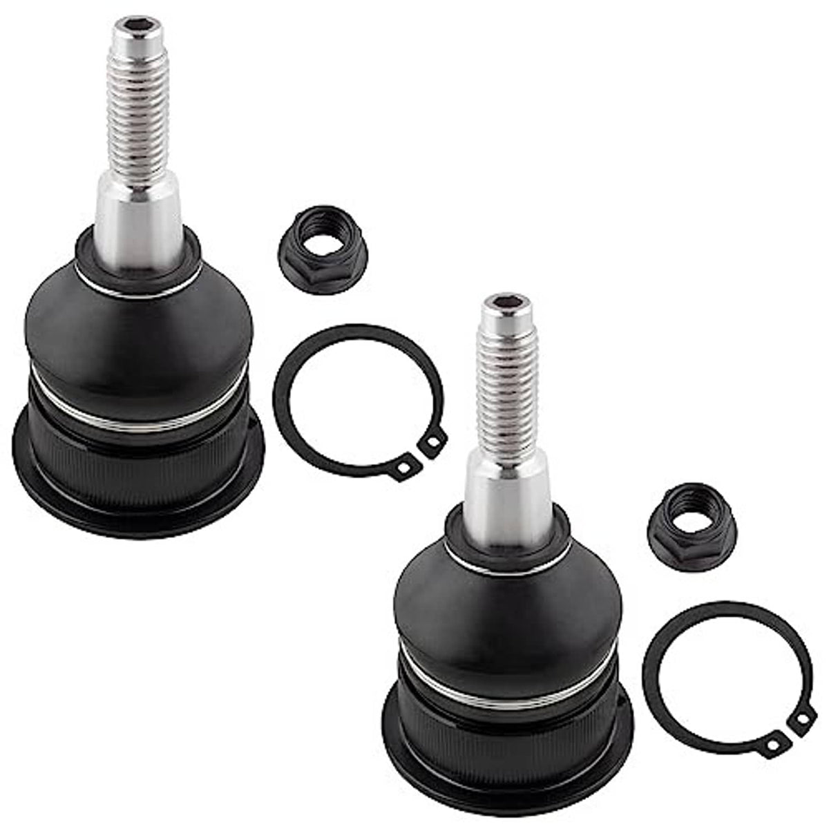 Front upper ball joint set, 2 pieces with rubber boots, lock rings, and nuts