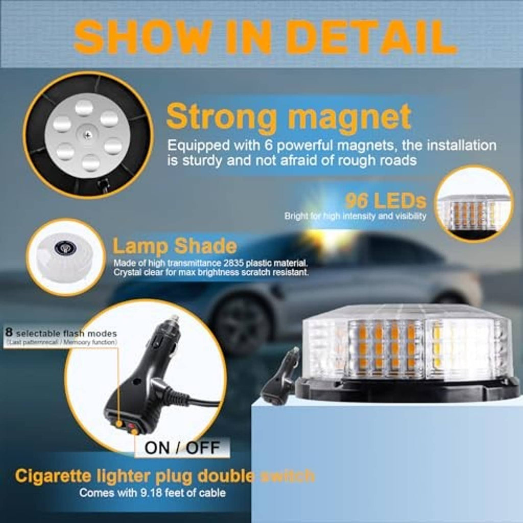 Beacon strobe light with strong magnet base, lens cover, and ON/OFF power plug