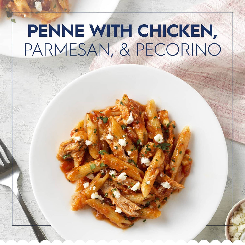 Plate of penne with chicken, parmesan, and pecorino