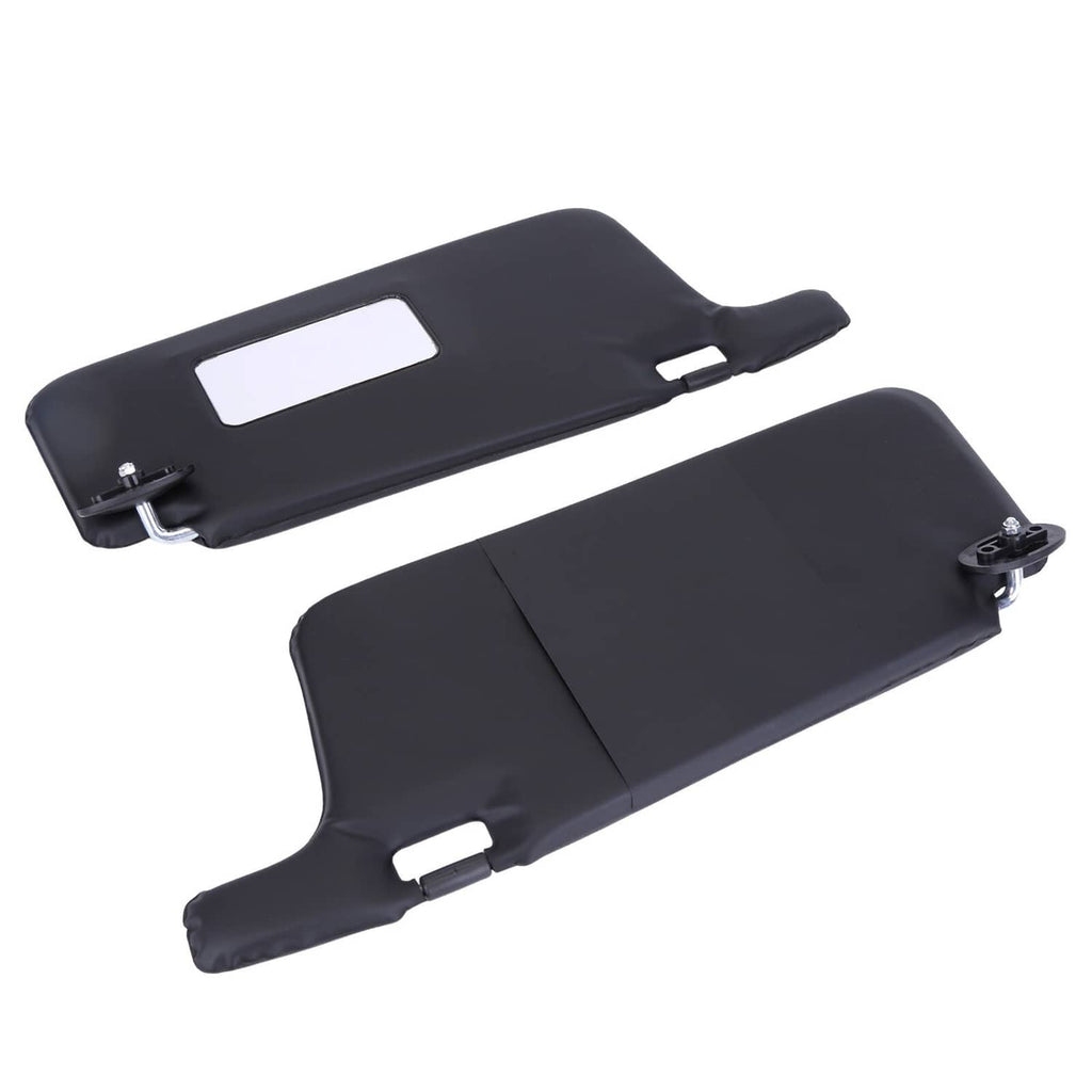 Pair of black sun visors with mirror cutouts and underside mounting tabs