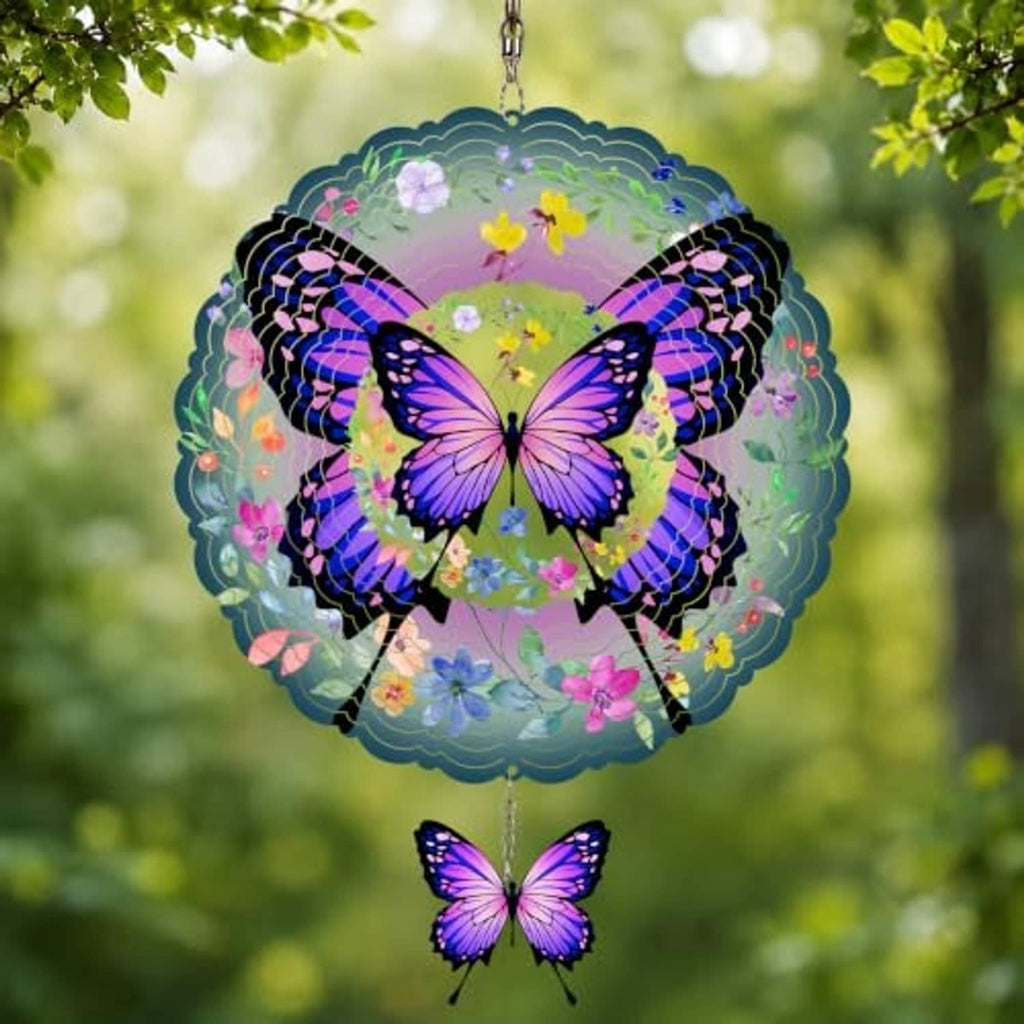 Purple butterfly wind spinner with layered scalloped metal ring and small hanging butterfly