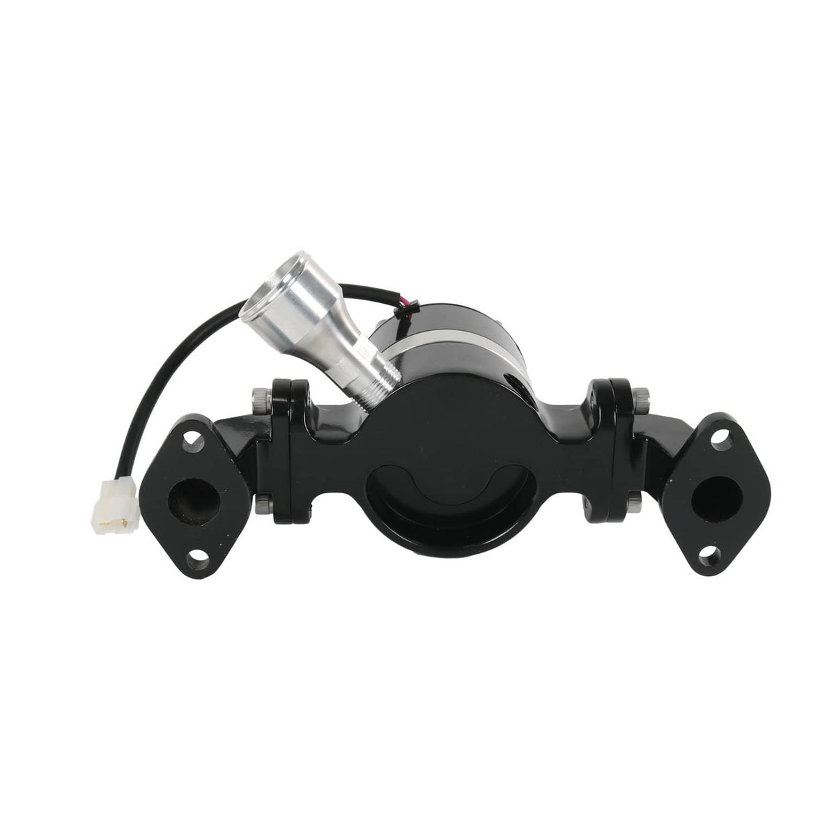 Black electric water pump with circular cover and silver hose fitting
