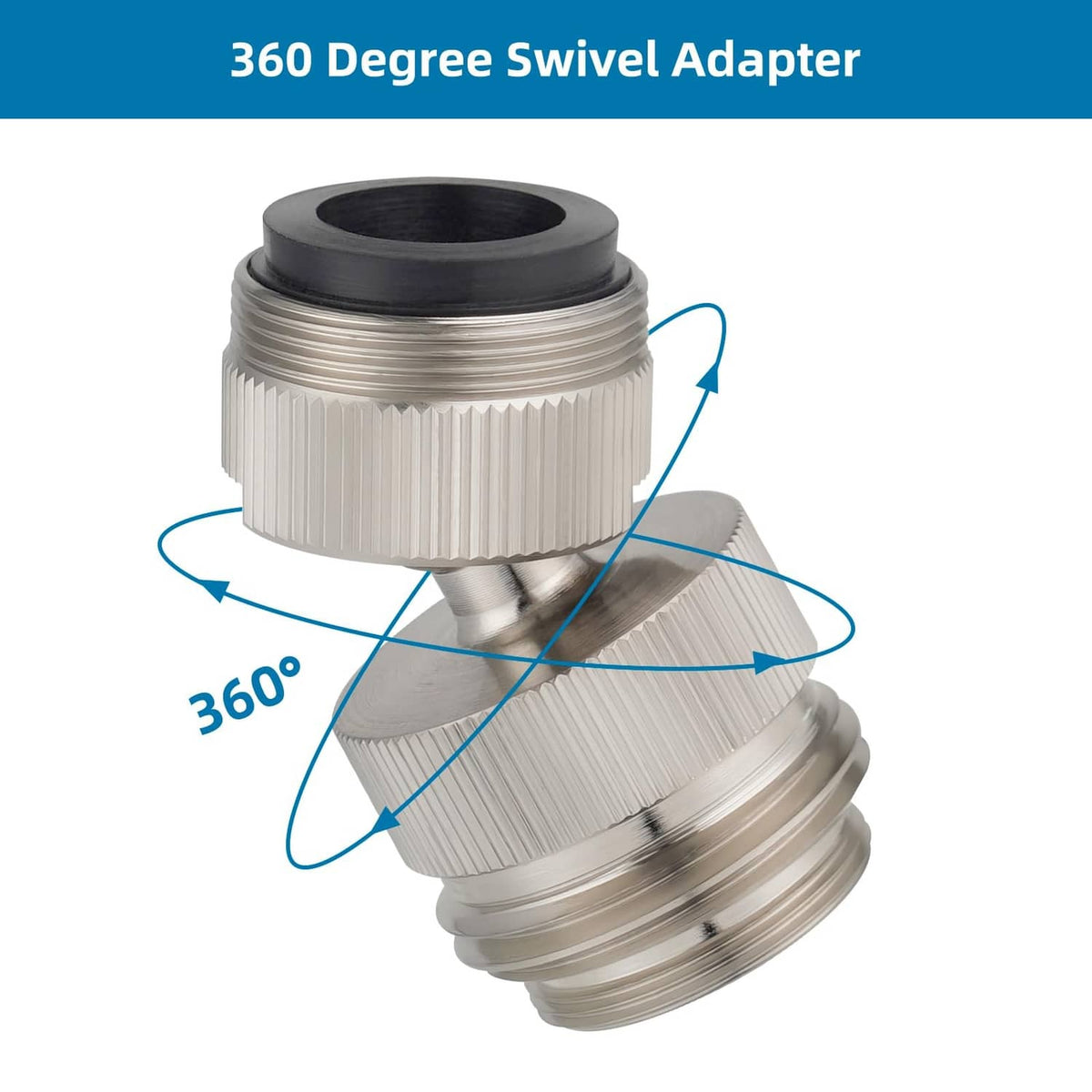 Brushed nickel 360° swivel faucet-to-hose adapter with black rubber sealing gasket