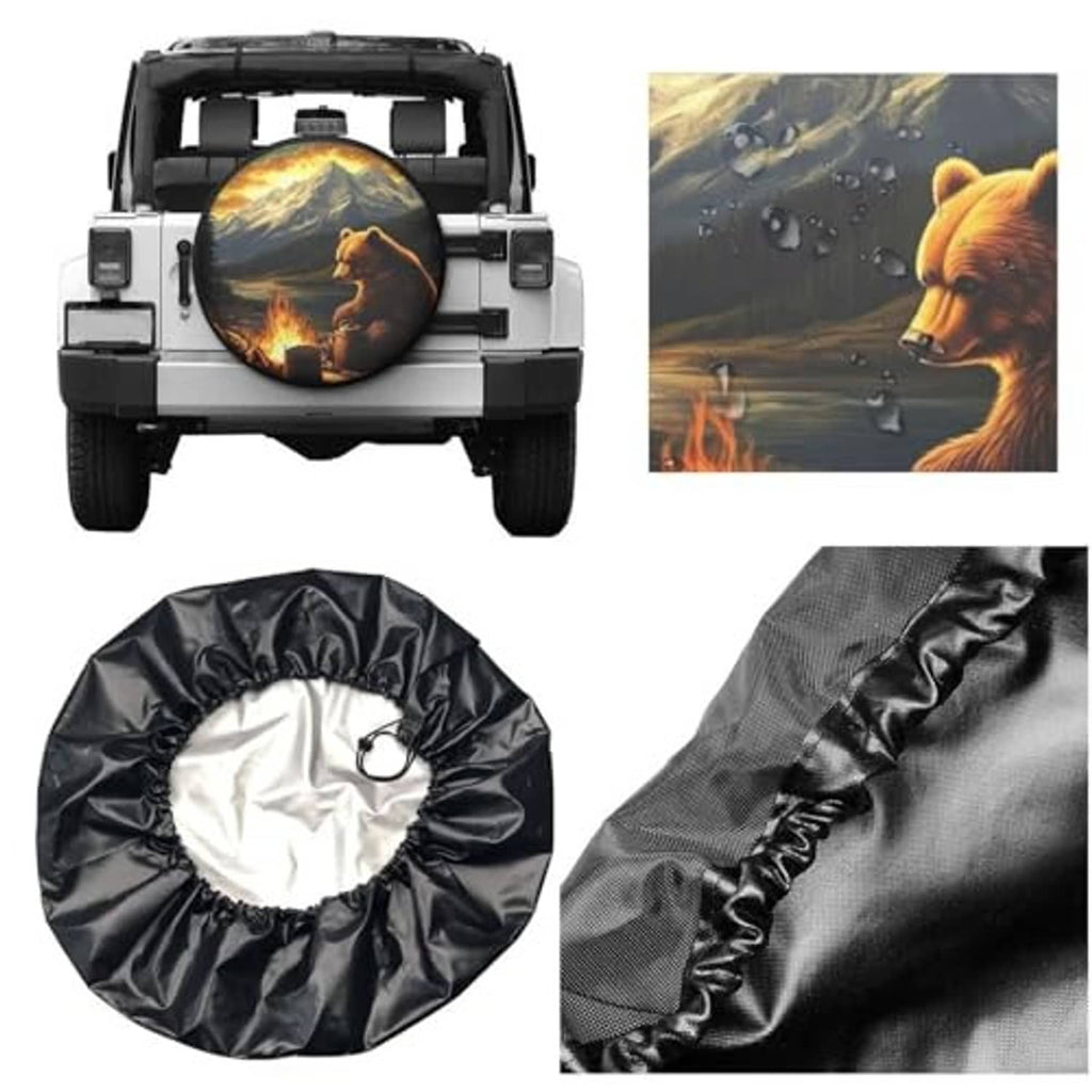 Black spare tire cover with bear and mountain campfire, plus fabric close-up