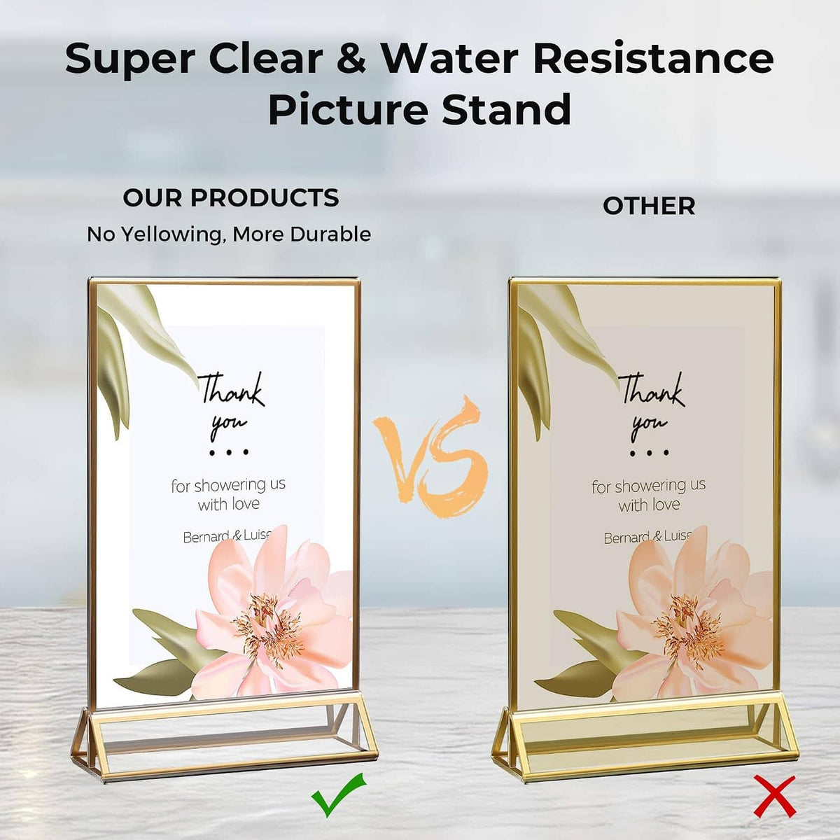 Gold 4x6 acrylic sign holders shown side-by-side with clear panels and tent bases