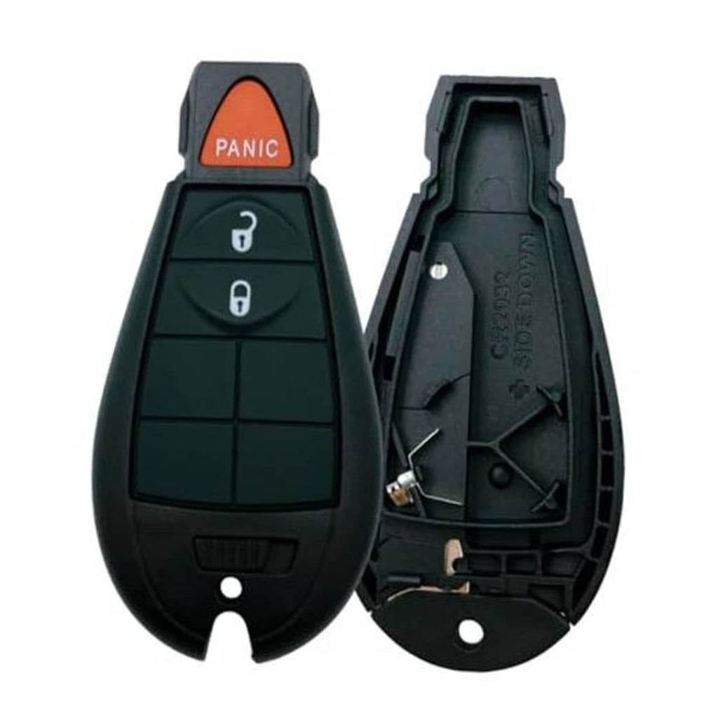 Black key fob shell case with orange PANIC button and lock/unlock icons, open backing
