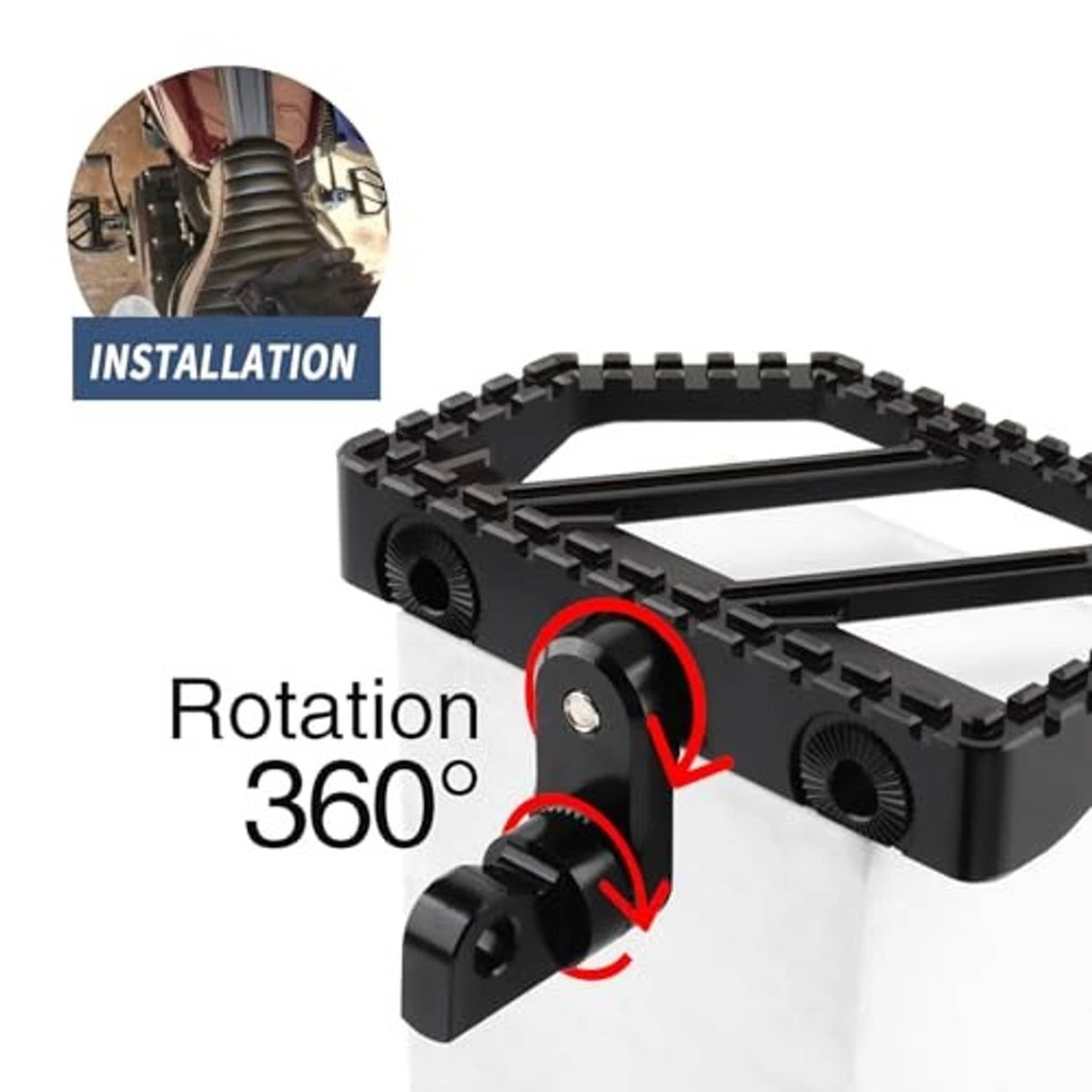 Black motorcycle foot peg showing 360 rotation adjustment mechanism
