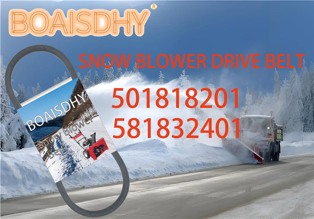 Black snow blower drive V-belt loop beside a small snow blower