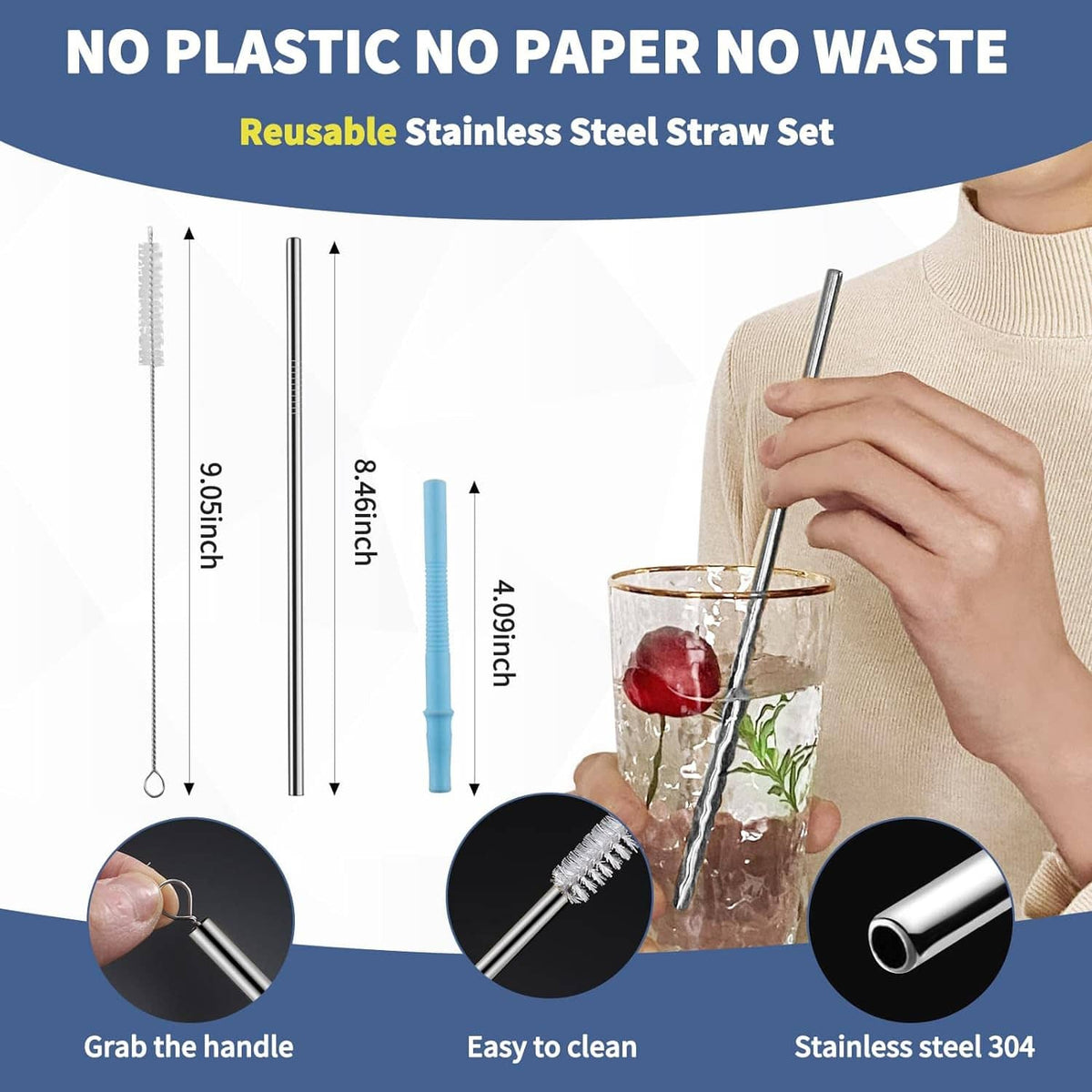 Reusable stainless steel straw set with cleaning brush and blue silicone tips.