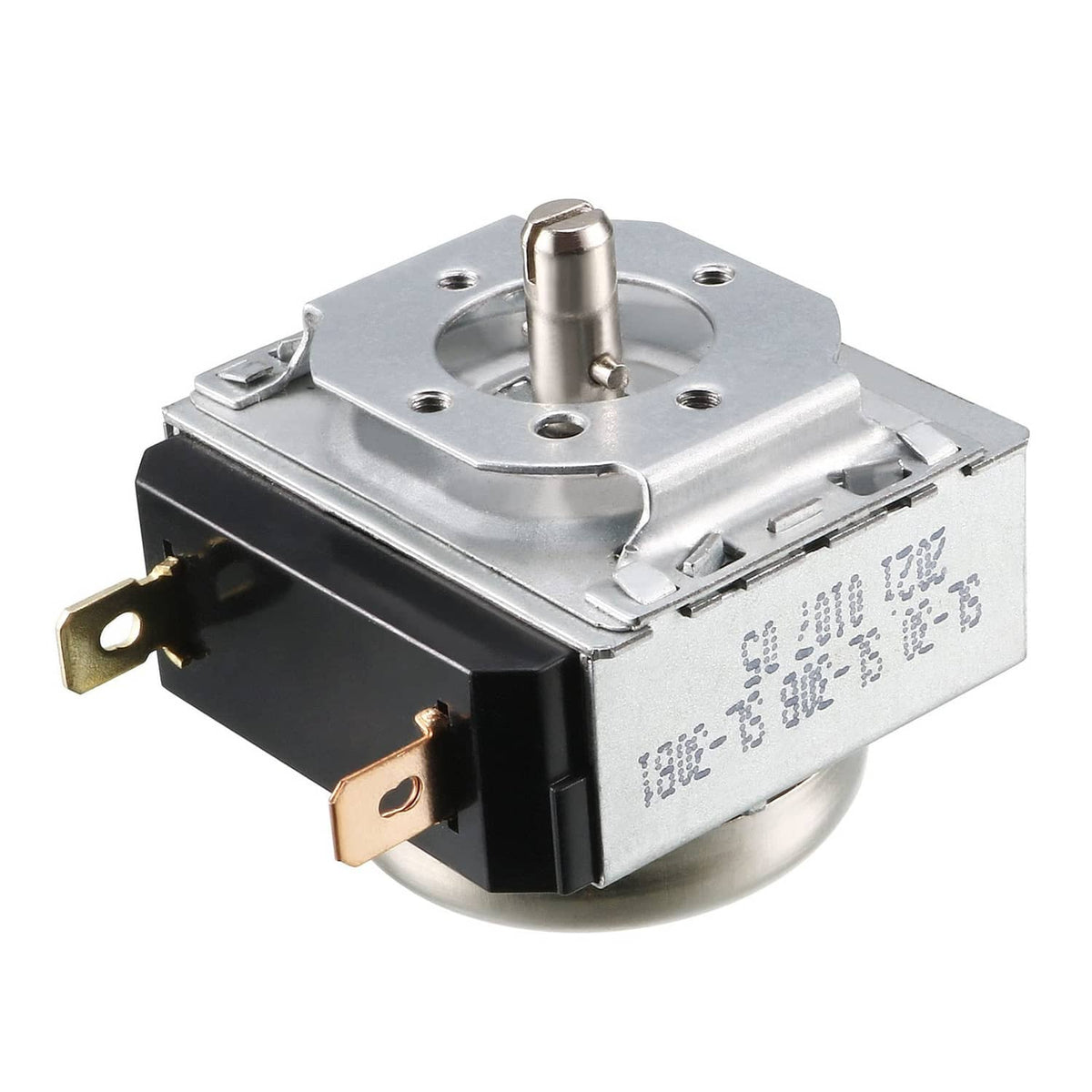 Metal timer switch with round silver shaft and electrical terminals on side