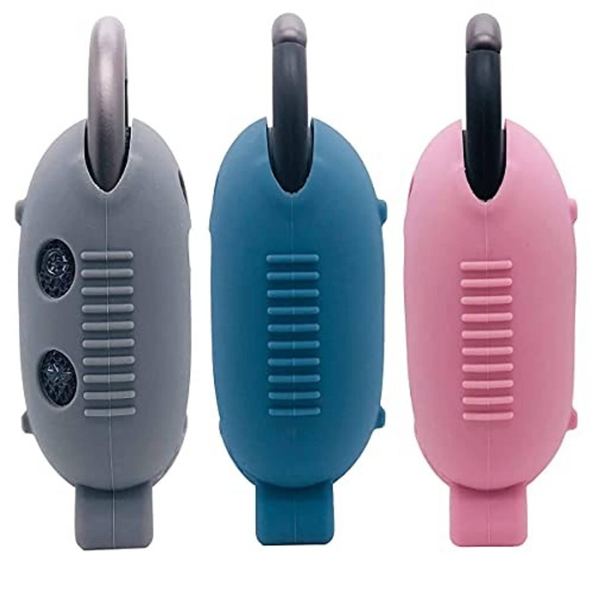 Silicone speaker cases in blue, gray, and pink with hanging loop and side buttons