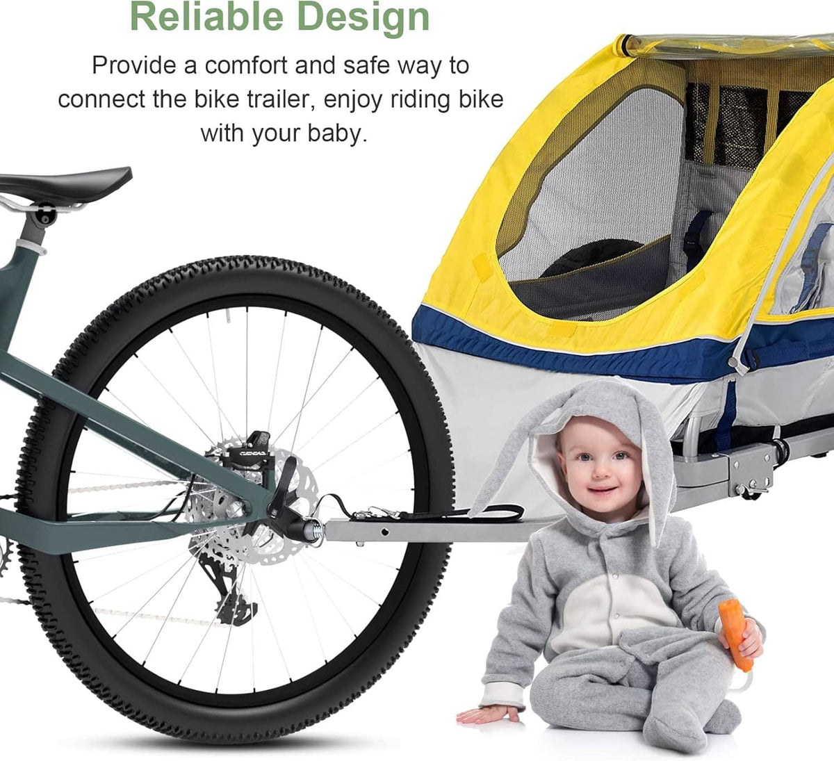 Bike trailer coupler hitch connecting the bicycle frame to a yellow child trailer