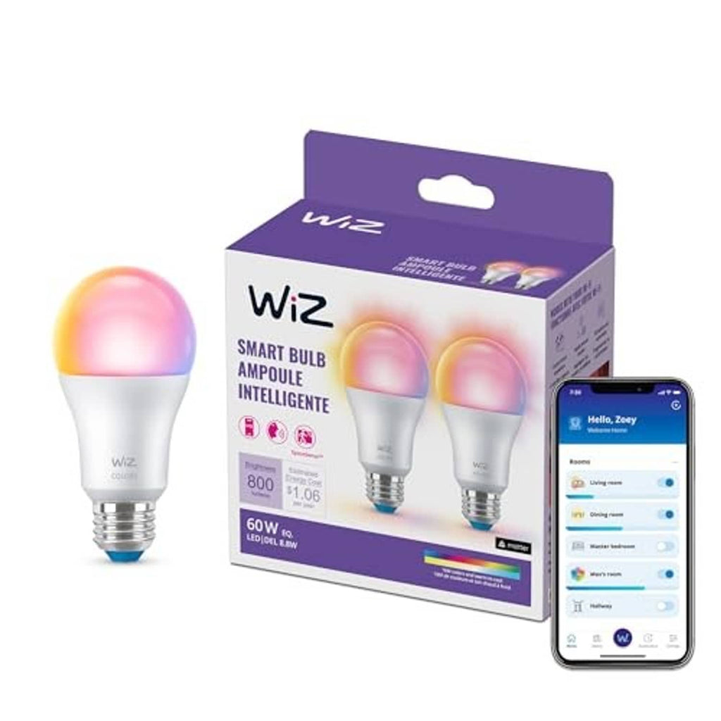 WiZ smart A19 LED bulb and retail box, plus smartphone app shown