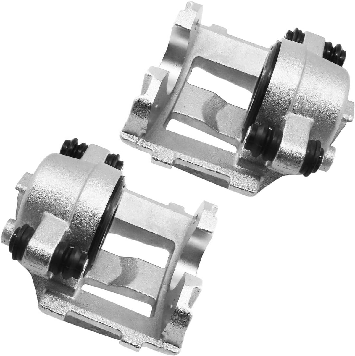 Front brake caliper pair, silver side view with mounting bolts and guide pins
