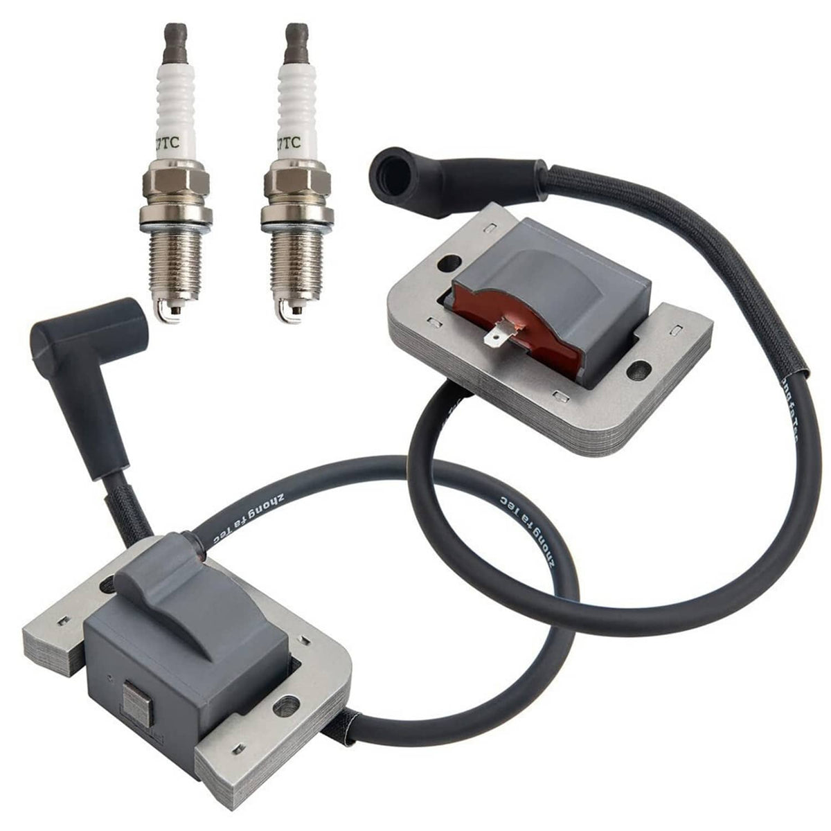 Ignition coil module with black wire and two spark plugs on gray mounts