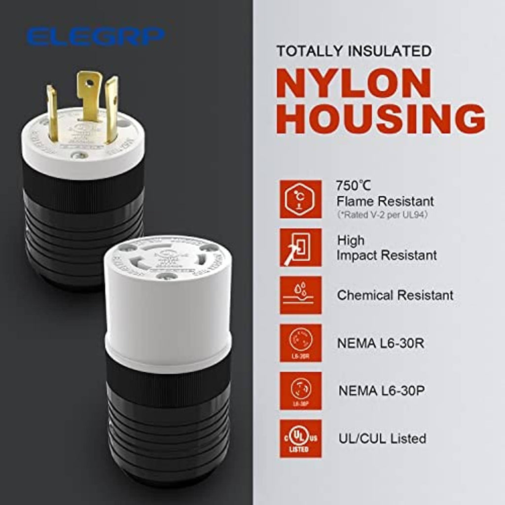 NEMA L6-30 locking plug and connector with totally insulated white nylon housing and black ribbed grip