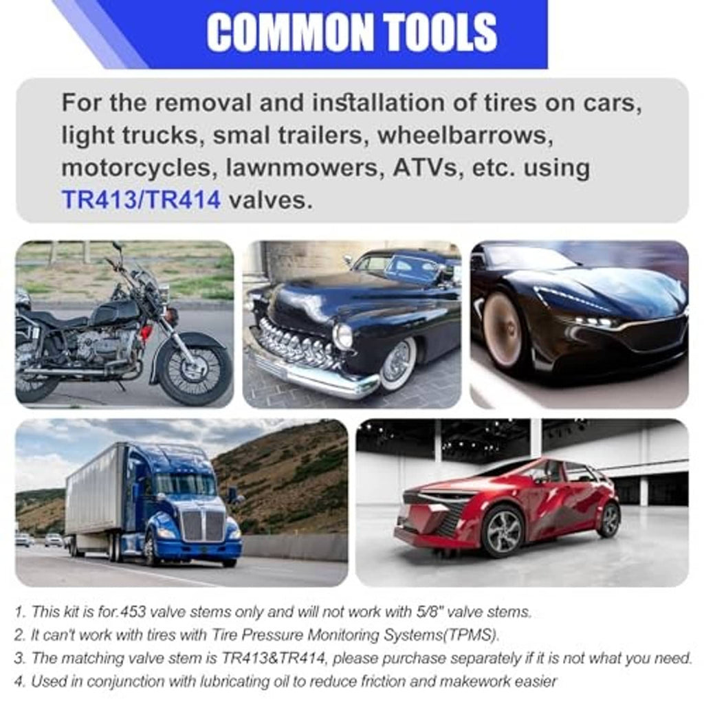 Tire valve tool kit use guide with examples for cars, motorcycles, and trucks