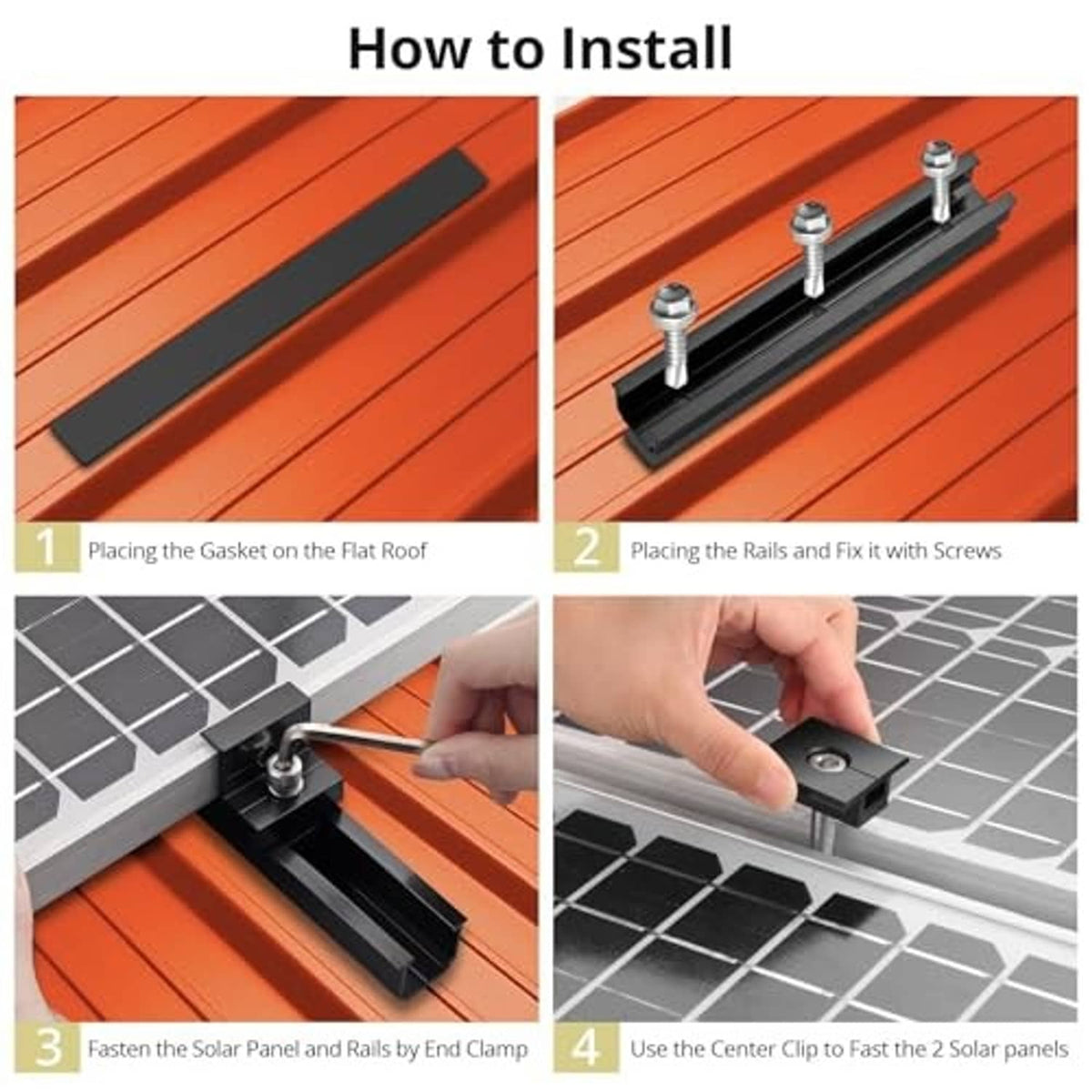 Solar panel mounting rail with end clamp and center clamp, shown being attached