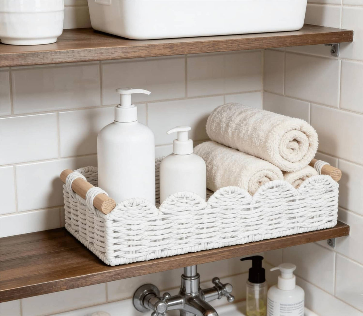 White woven storage basket with rope handles on a bathroom shelf holding bottles and folded towels