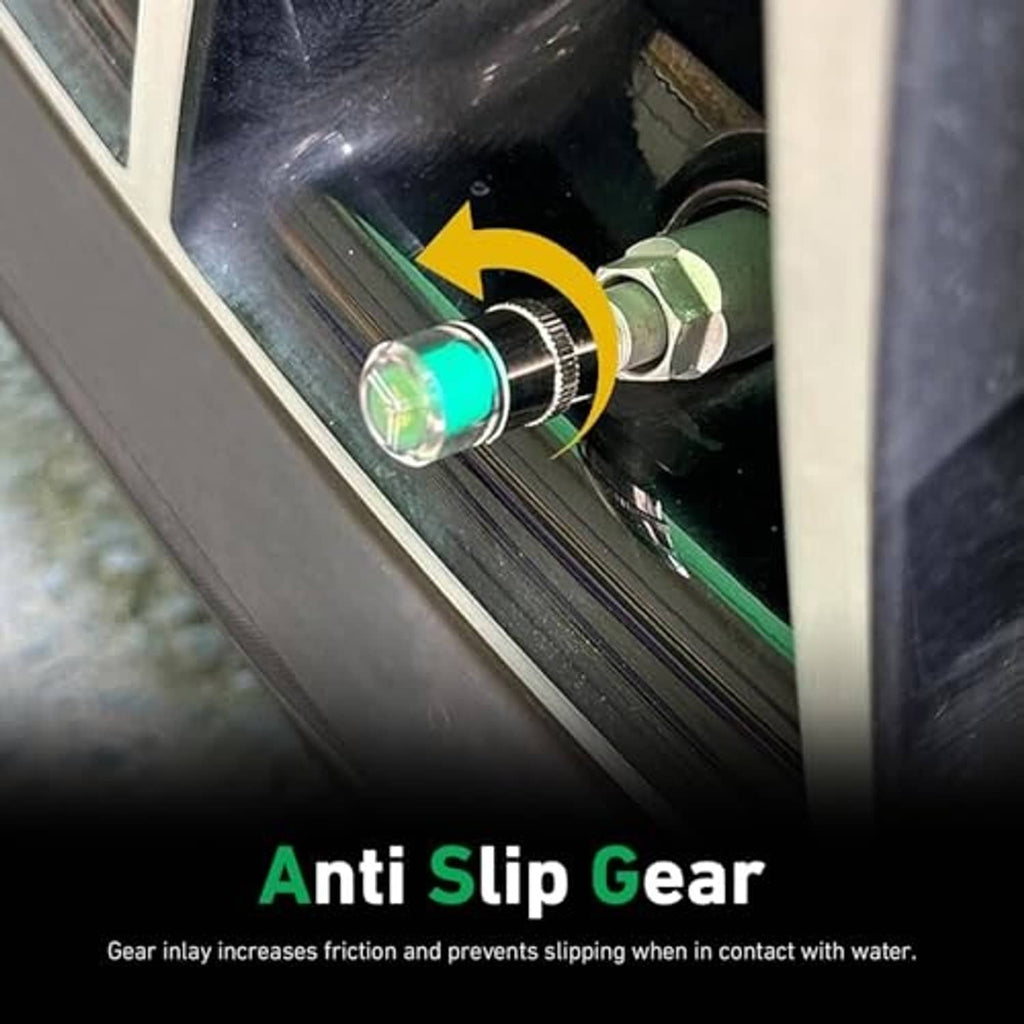 Car valve stem cap, silver metal with colored indicator window on the tire valve