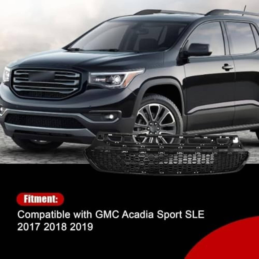 Black front bumper lower grille with hex mesh, angled mounting edges, and slots