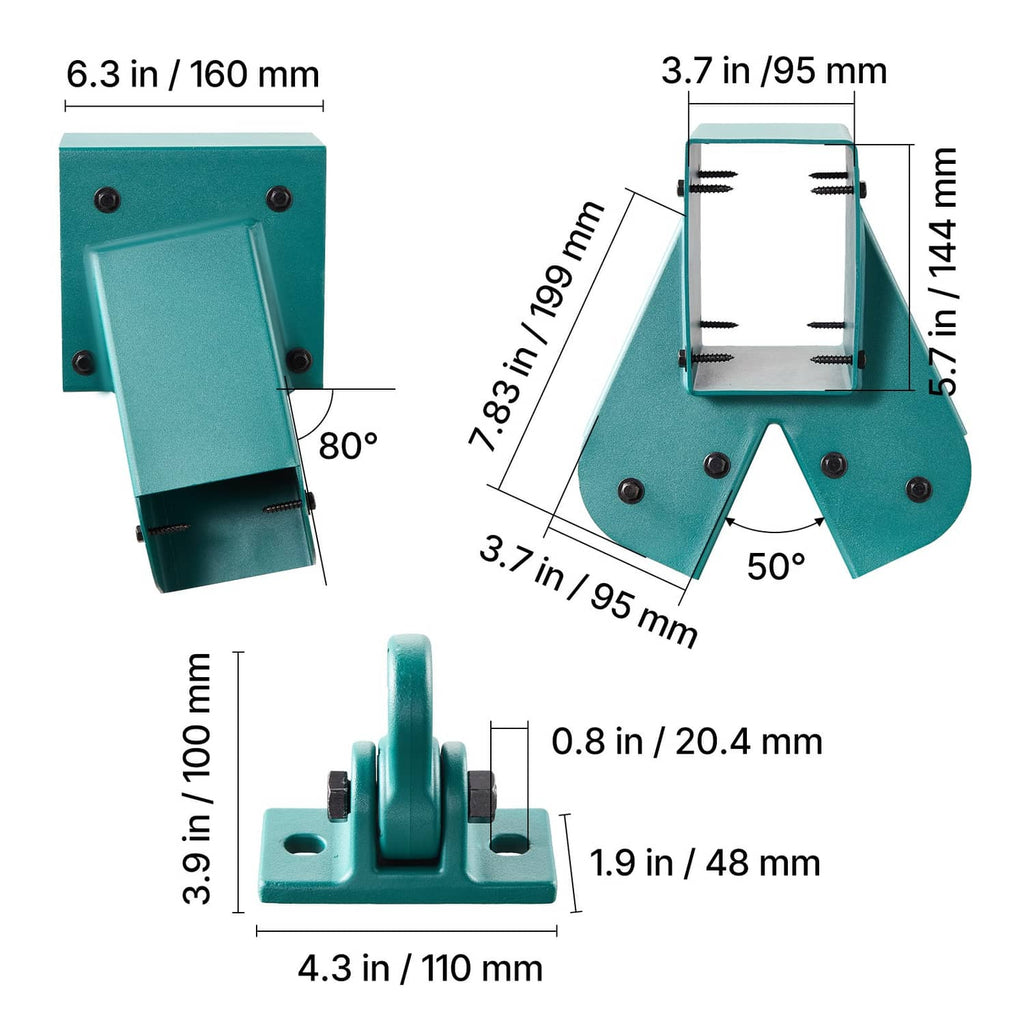 Teal swing set bracket angle and hanger base dimension diagram
