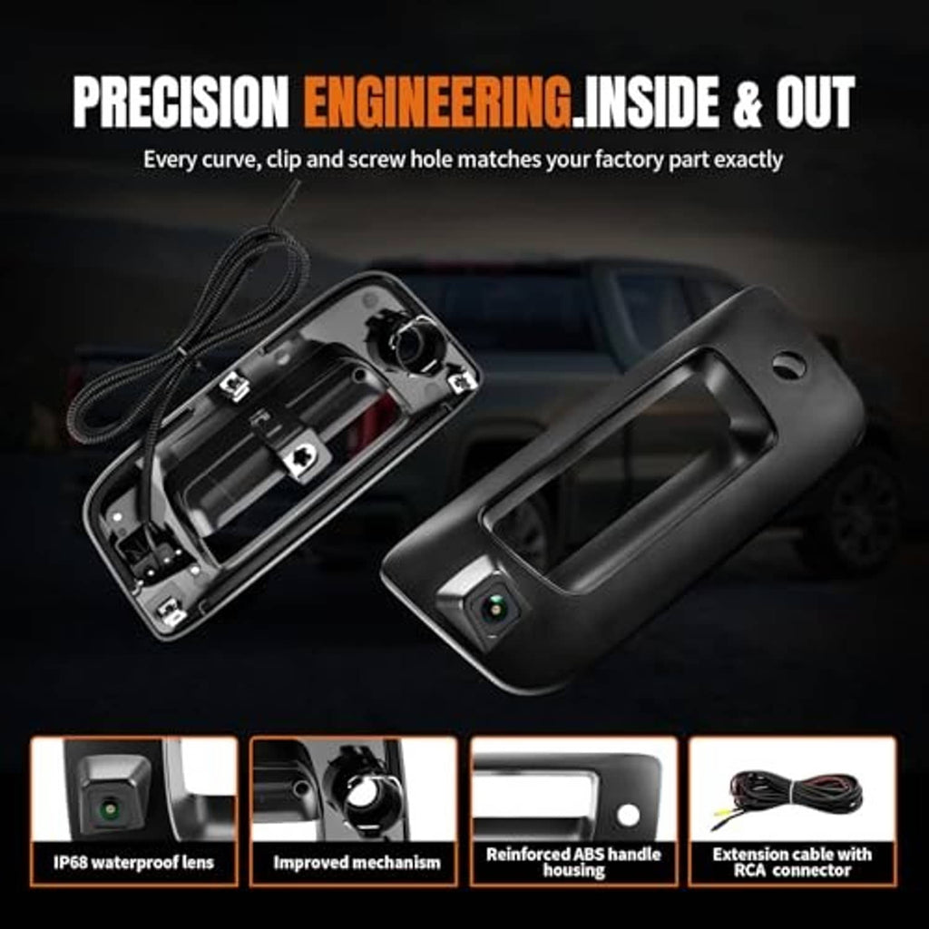 Tailgate handle backup camera kit with close-up of handle and internal parts