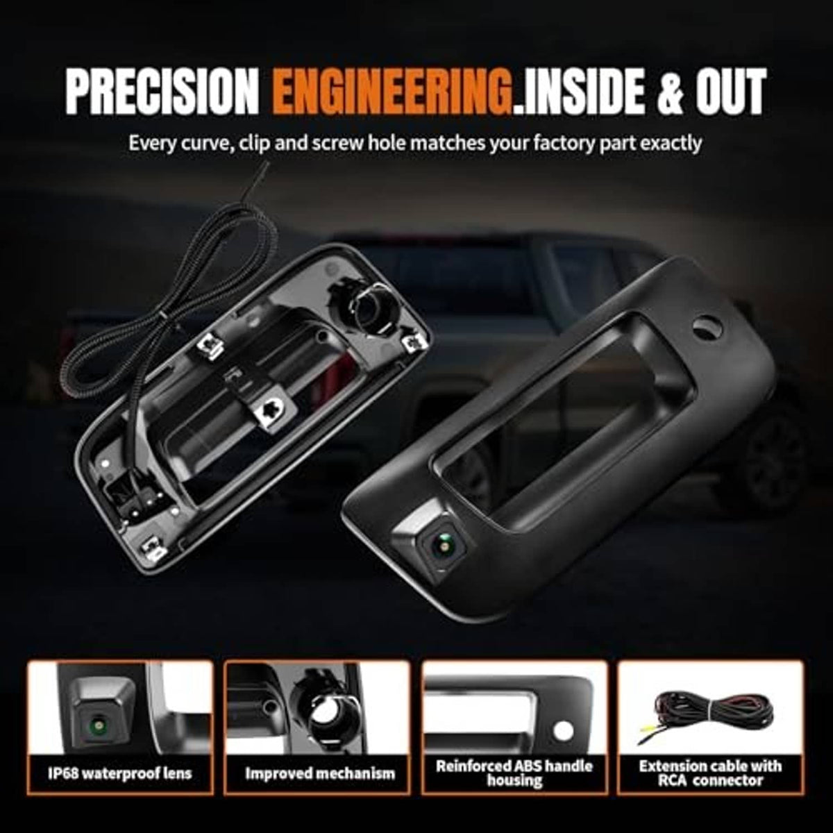 Tailgate handle backup camera kit with close-up of handle and internal parts