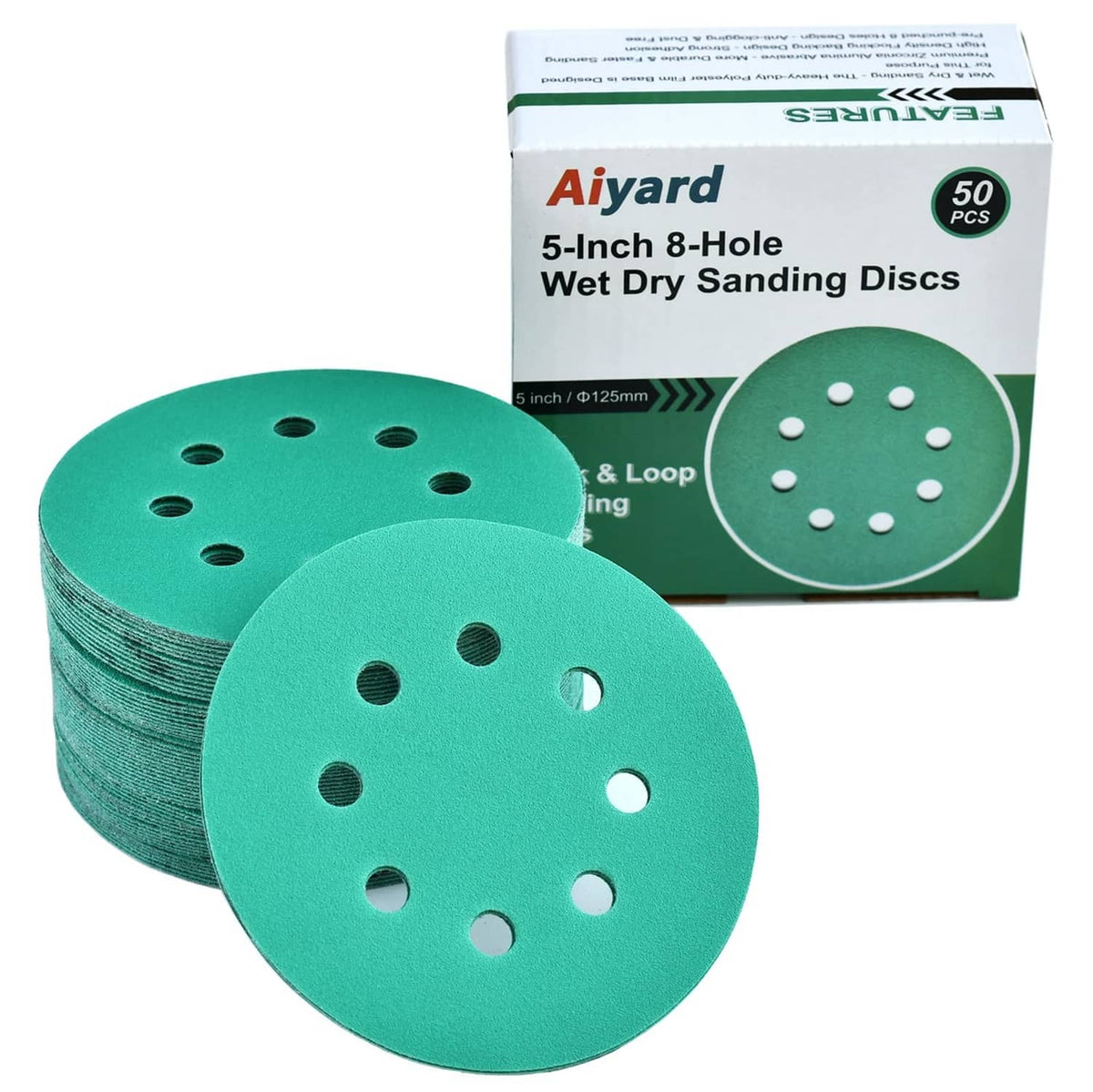 Green 5-inch wet/dry sanding discs, 8-hole pattern, in a box pack