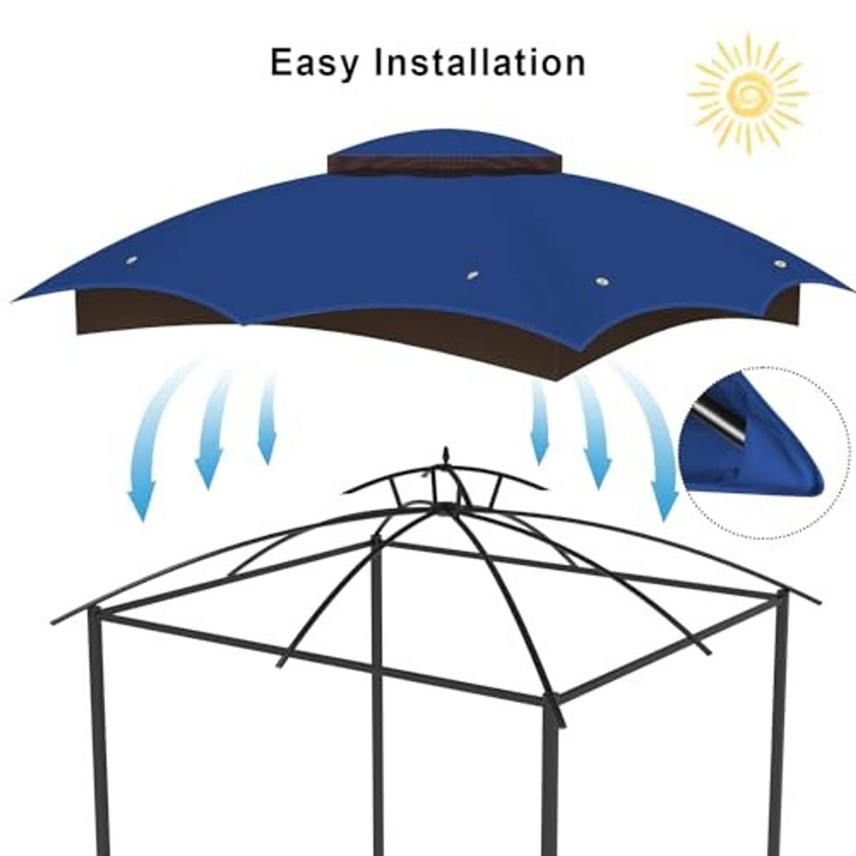 Blue gazebo canopy top cover with brown valance and easy-install design