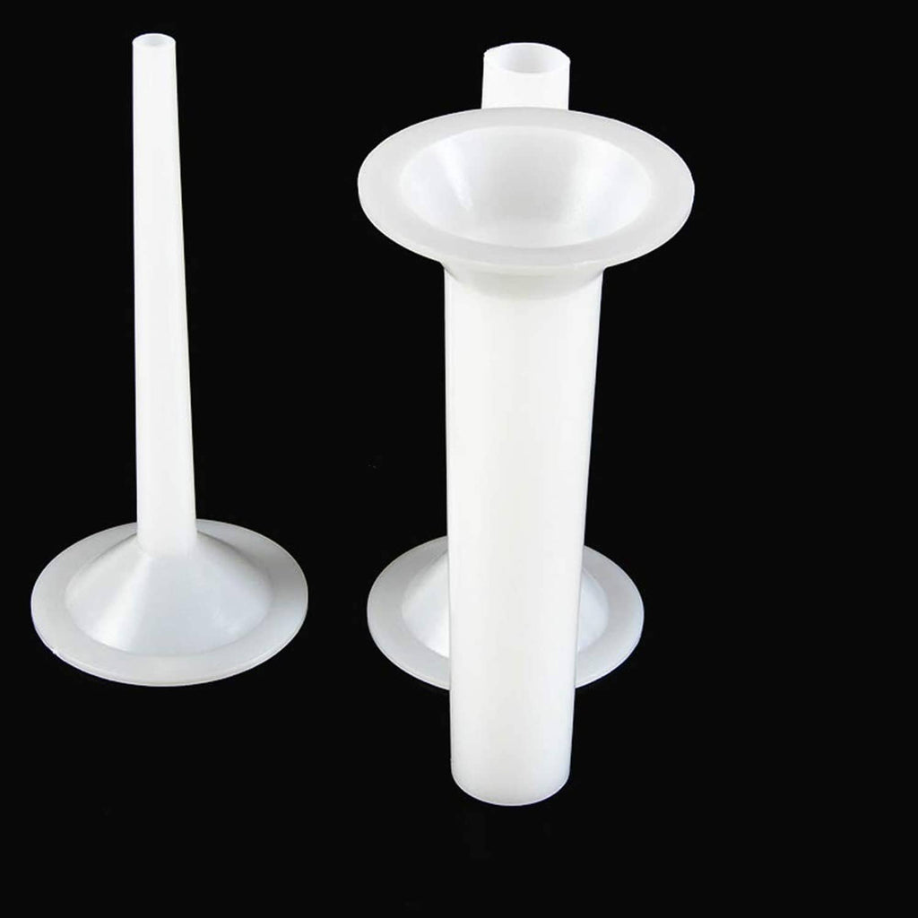 White plastic manual sausage stuffer tubes, two round-base funnels with long stems