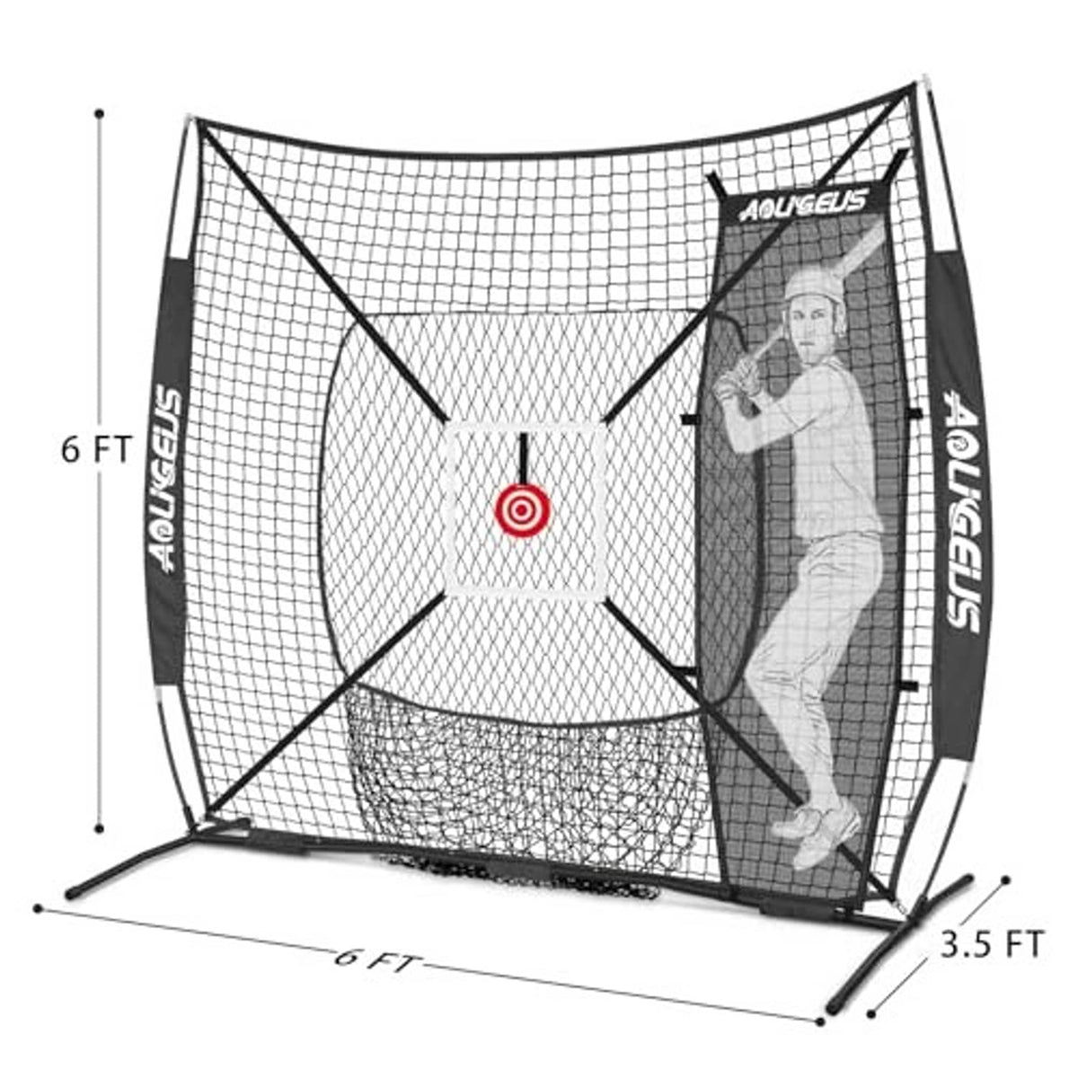 Black 6x6 practice net with red target, gray dummy batter, 6 ft x 3.5 ft frame