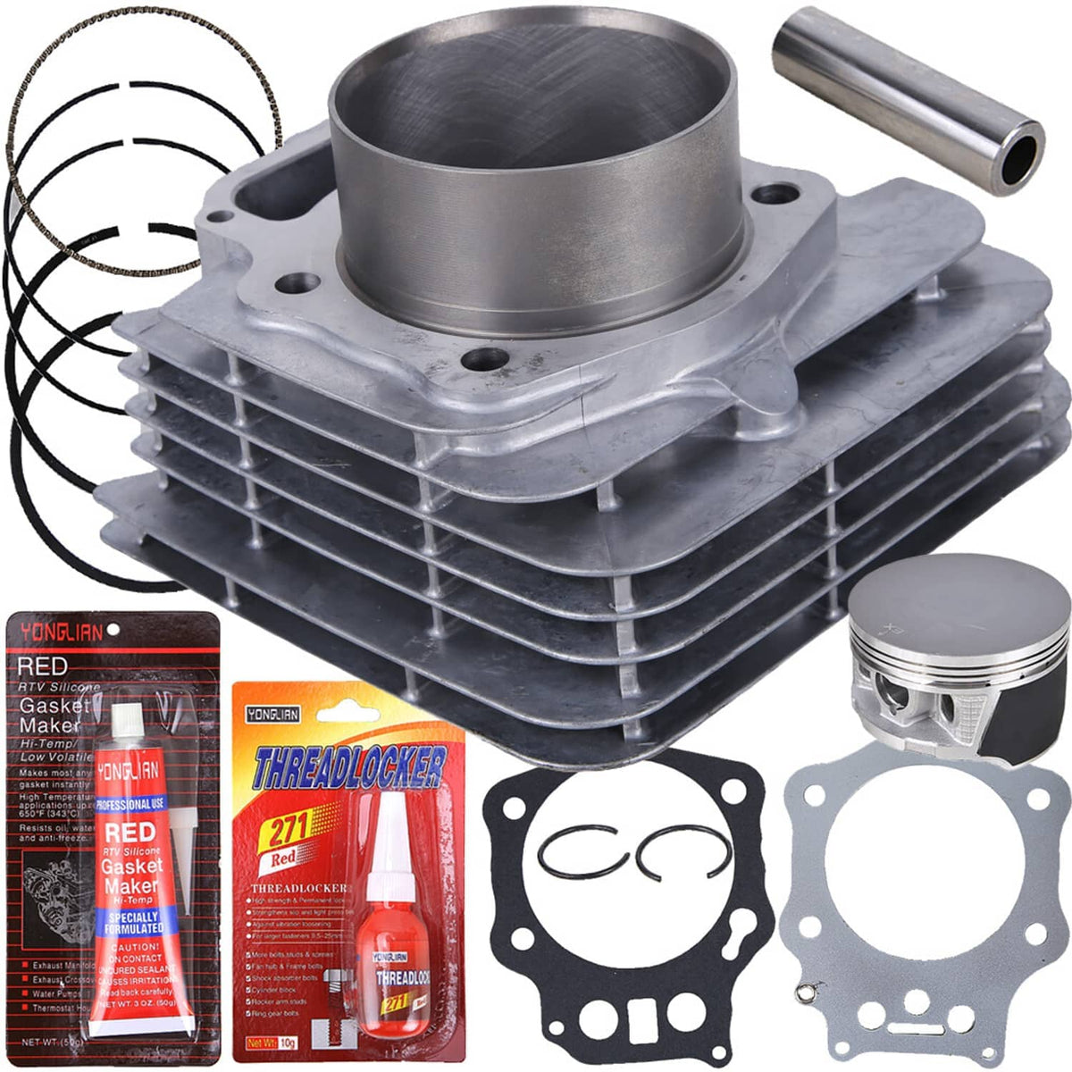 Engine cylinder assembly with piston, piston rings, and replacement gasket set