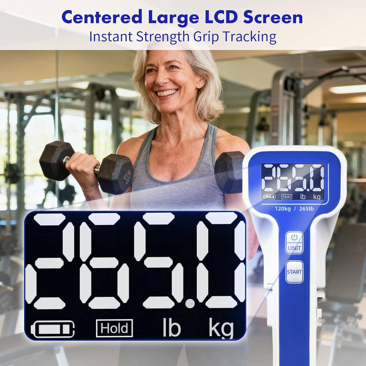 Digital grip strength tester with large backlit LCD display showing strength reading