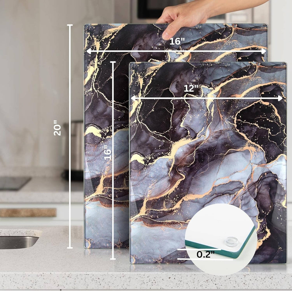 Tempered glass cutting board set showing 20in and 16in sizes, marbled pattern
