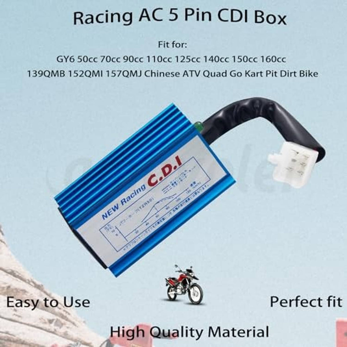 Blue 5-pin AC CDI ignition box with label and attached wiring harness
