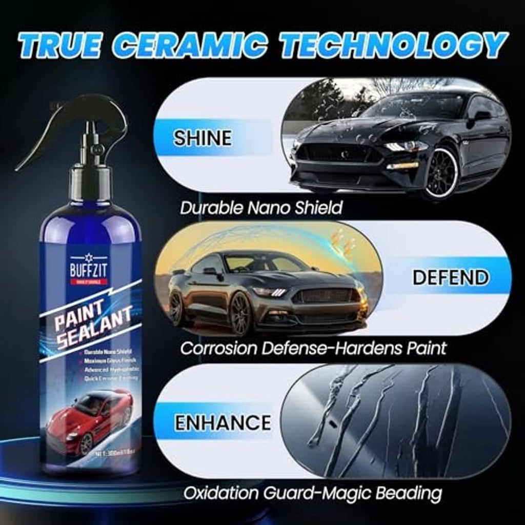 Paint sealant spray bottle on promo graphic for durable nano shield, shine and defense