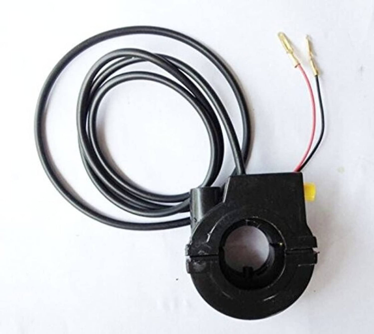 Bicycle throttle kill switch assembly with black sensor housing and coiled wiring leads