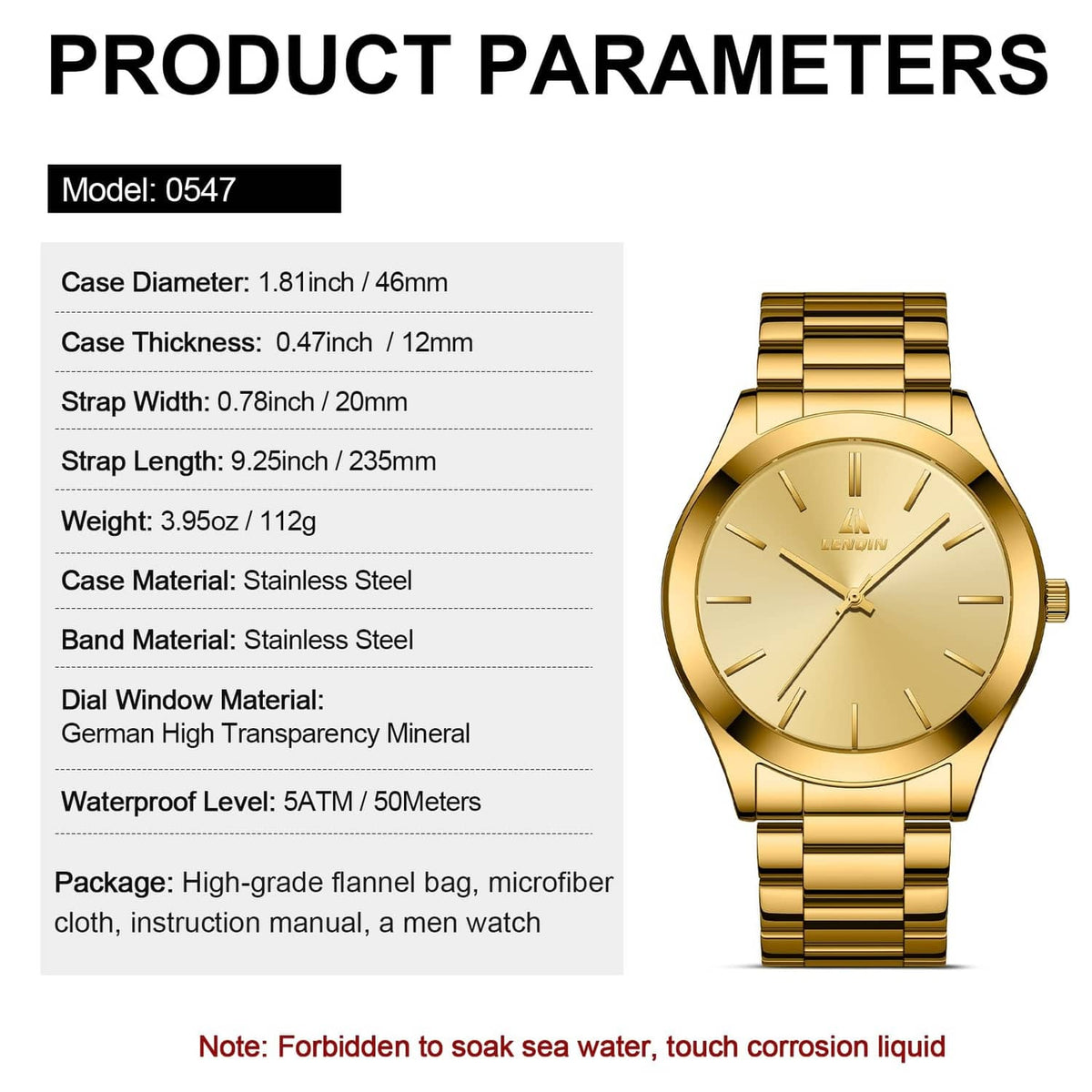 Gold men’s wristwatch product parameters diagram with watch illustration