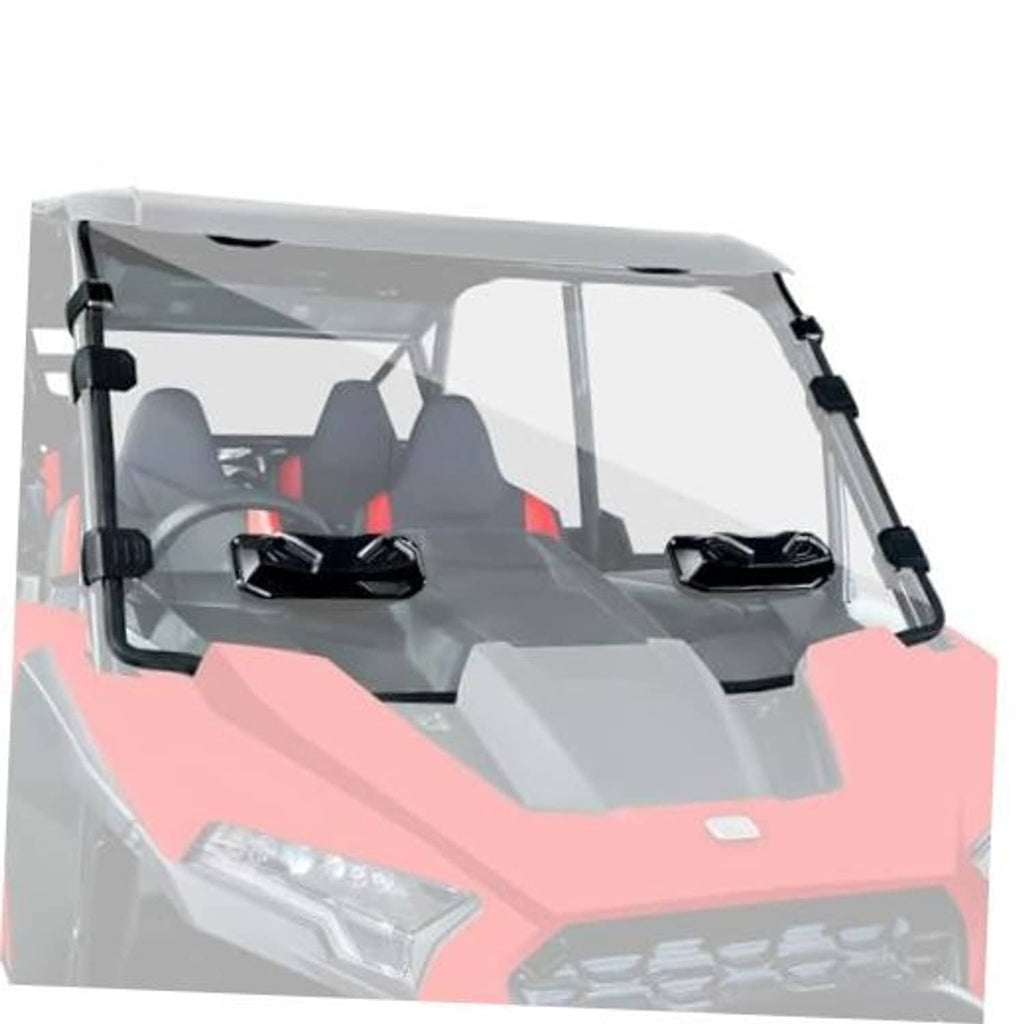 Vented clear windshield with black mounting hardware for UTV cab.