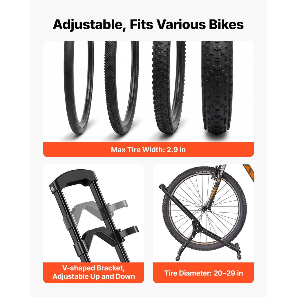Foldable bike rack with V-shaped bracket and adjustable wheel cradle supports, black
